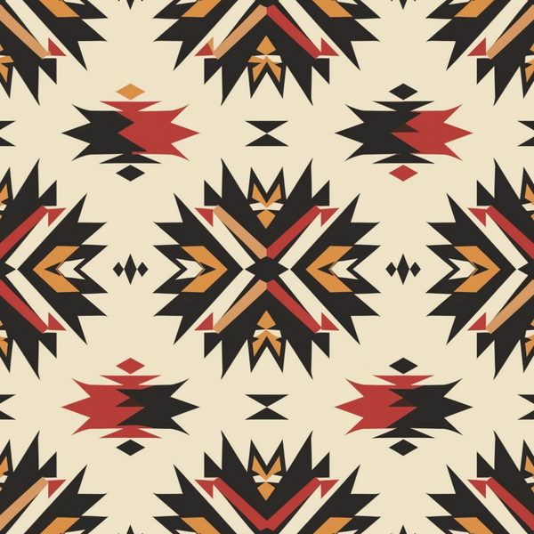Geometric pattern with black, red, and orange shapes on a beige background, forming symmetrical star-like designs.