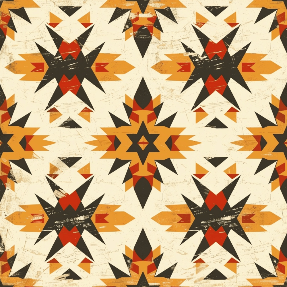 Geometric pattern with star shapes in black, orange, and red on a beige background. Symmetrical design with a distressed texture.