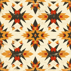 Geometric pattern with star shapes in black, orange, and red on a beige background. Symmetrical design with a distressed texture.