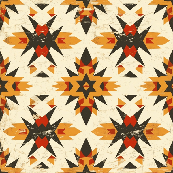 Geometric pattern with star shapes in black, orange, and red on a beige background. Symmetrical design with a distressed texture.