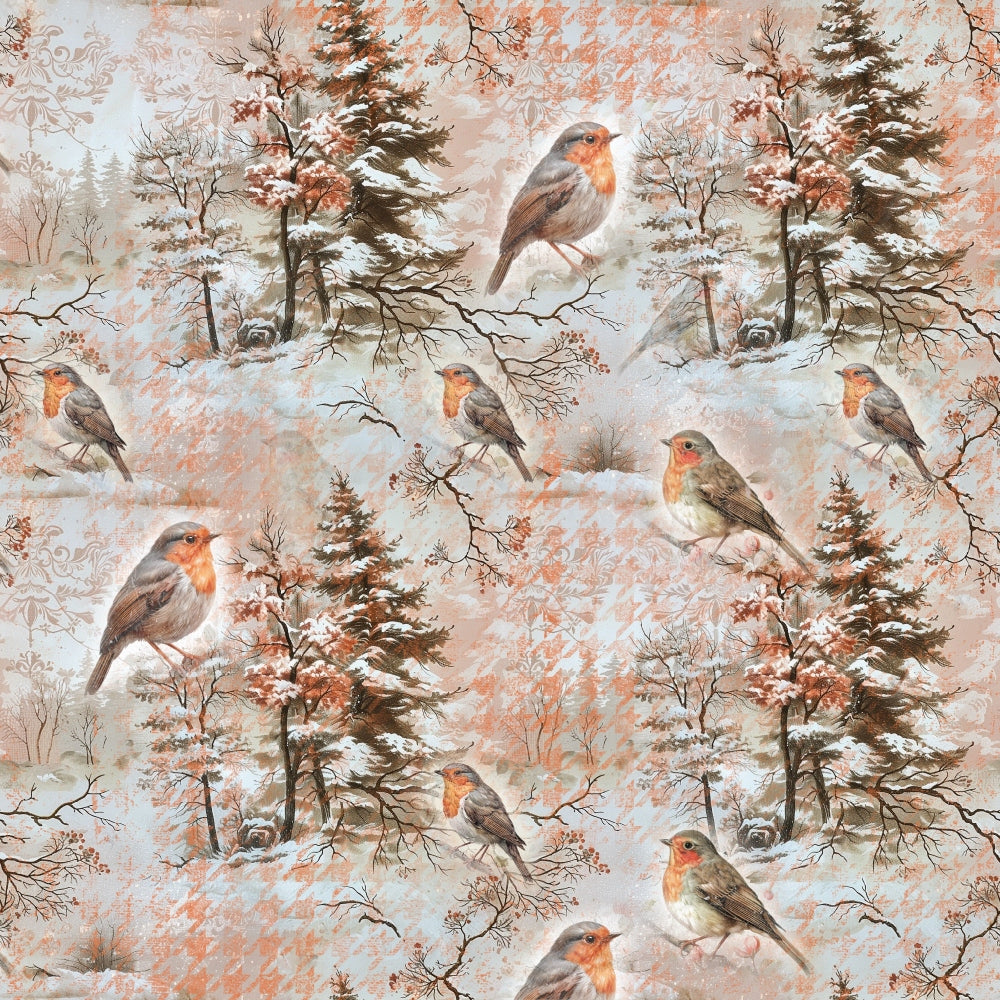 Patterned design featuring robins perched on snowy branches, surrounded by wintry trees and a subtle houndstooth background.