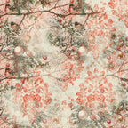 Festive pattern with birds on branches, pine needles, and red ornamental designs. Snow and ornaments are interspersed, creating a wintery and holiday-themed visual.