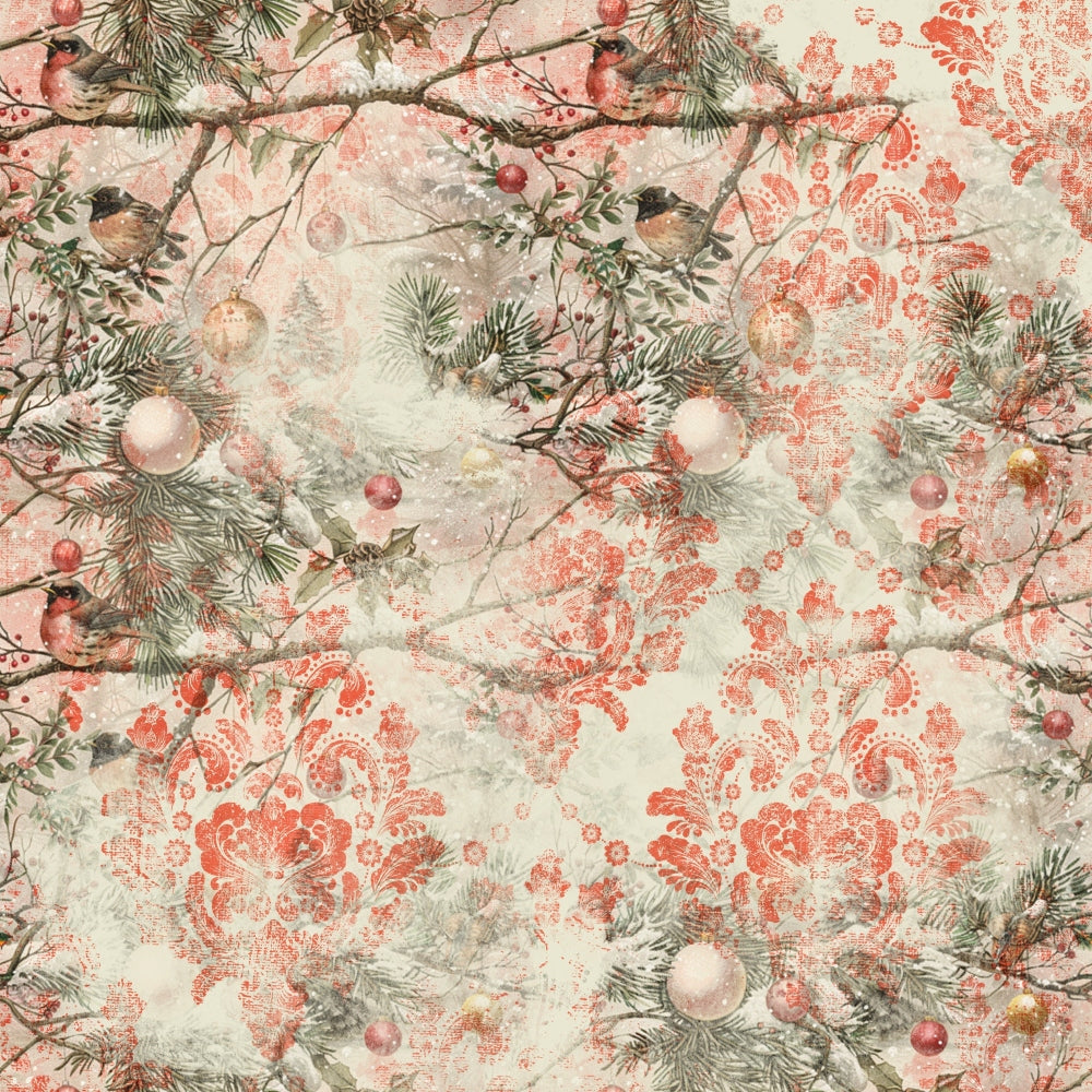 Festive pattern with birds on branches, pine needles, and red ornamental designs. Snow and ornaments are interspersed, creating a wintery and holiday-themed visual.