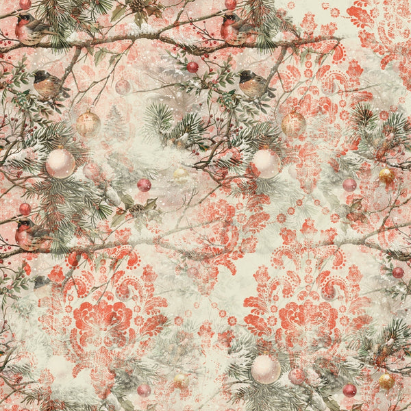 Festive pattern with birds on branches, pine needles, and red ornamental designs. Snow and ornaments are interspersed, creating a wintery and holiday-themed visual.