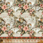 Vintage-style wallpaper with robins, pine branches, pink poinsettias, and decorative stamps, layered over script text. A plaid border with ruler markings runs along the bottom edge.