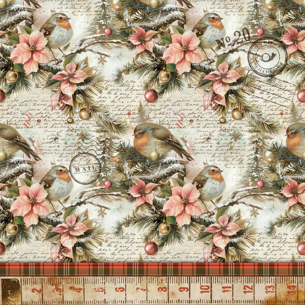 Vintage-style wallpaper with robins, pine branches, pink poinsettias, and decorative stamps, layered over script text. A plaid border with ruler markings runs along the bottom edge.