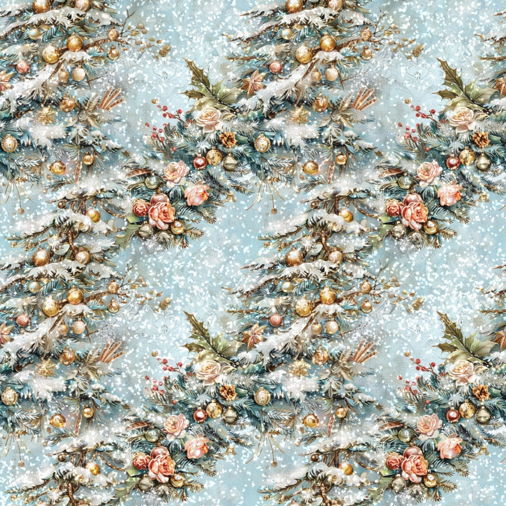 Pattern of snowy evergreen branches with ornaments, pine cones, and flowers on a light blue background.