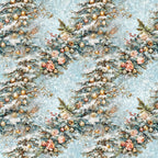 Pattern of snowy evergreen branches with ornaments, pine cones, and flowers on a light blue background.
