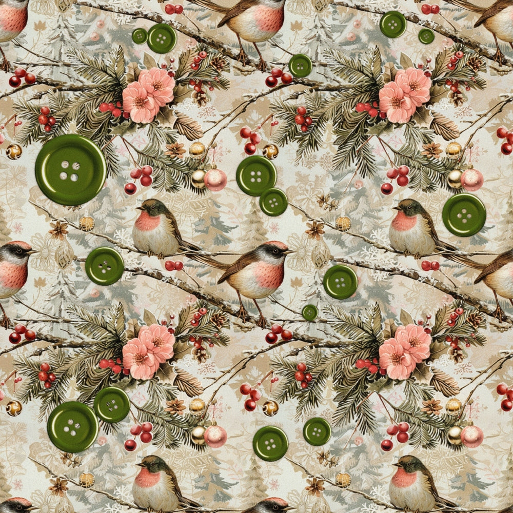 A repeating pattern with birds, pink flowers, green buttons, pine branches, and berries on a beige background.