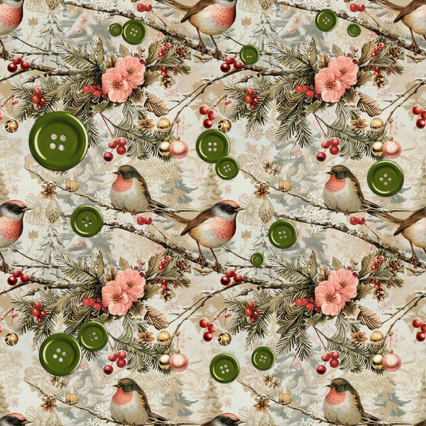 A repeating pattern with birds, pink flowers, green buttons, pine branches, and berries on a beige background.