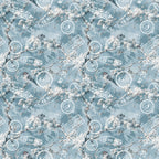 Vintage airmail pattern with airplanes, postmarks, and stamps on a blue background, featuring repeated design elements.