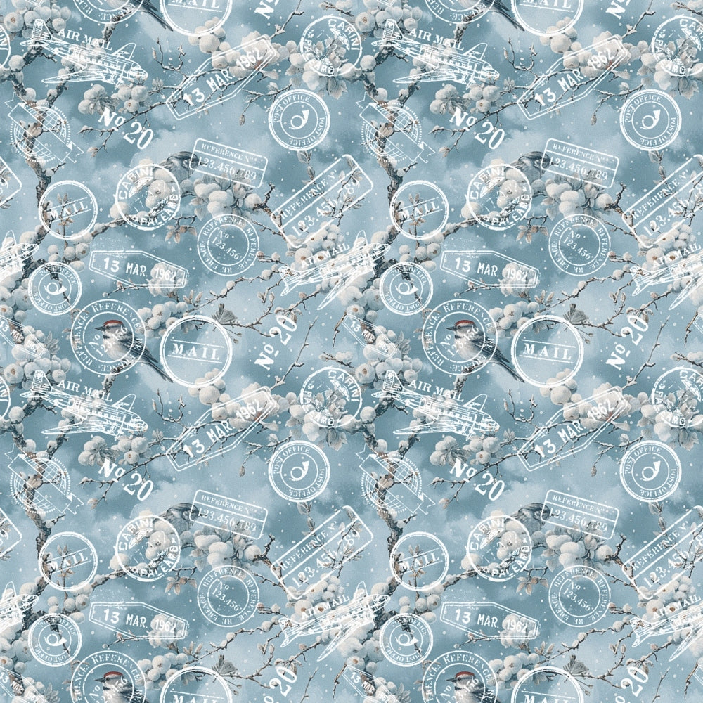 Vintage airmail pattern with airplanes, postmarks, and stamps on a blue background, featuring repeated design elements.