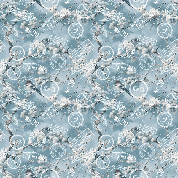 Vintage airmail pattern with airplanes, postmarks, and stamps on a blue background, featuring repeated design elements.