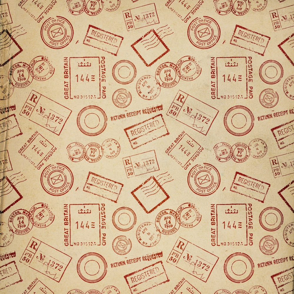 Patterned paper with various red postal stamps and markings, including circles, rectangles, and text like Registered and Post Office.