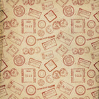 Patterned paper with various red postal stamps and markings, including circles, rectangles, and text like Registered and Post Office.