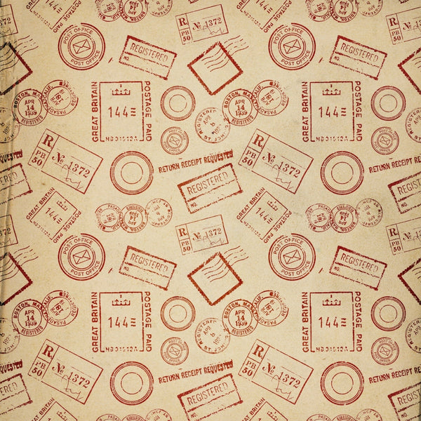 Patterned paper with various red postal stamps and markings, including circles, rectangles, and text like Registered and Post Office.