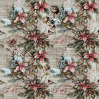 Vintage-style pattern with poinsettias, pine branches, and birds against a script background. Muted tones of pink, green, and brown create a festive, classic look.