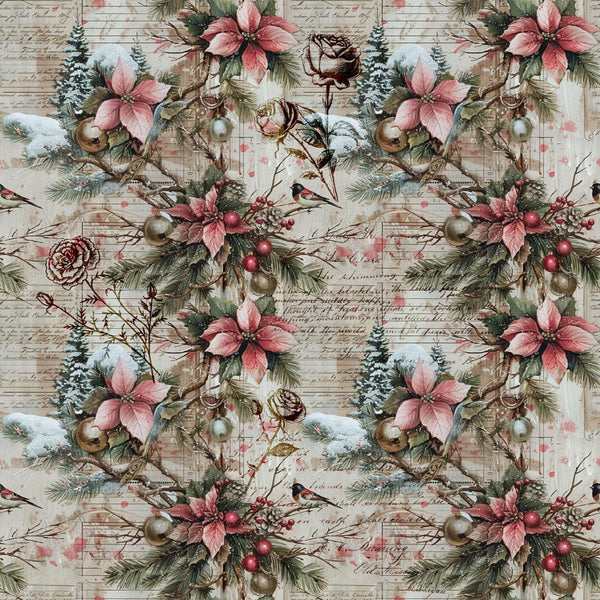 Vintage-style pattern with poinsettias, pine branches, and birds against a script background. Muted tones of pink, green, and brown create a festive, classic look.