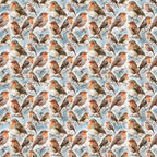 Pattern of painted robins on a blue and white background, showing various birds posed differently, creating a repeating and seamless design.