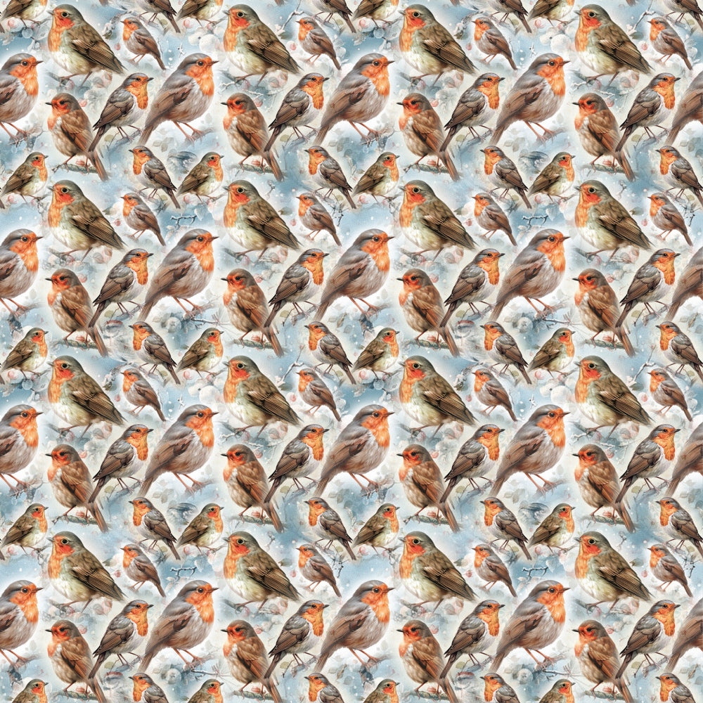 Pattern of painted robins on a blue and white background, showing various birds posed differently, creating a repeating and seamless design.