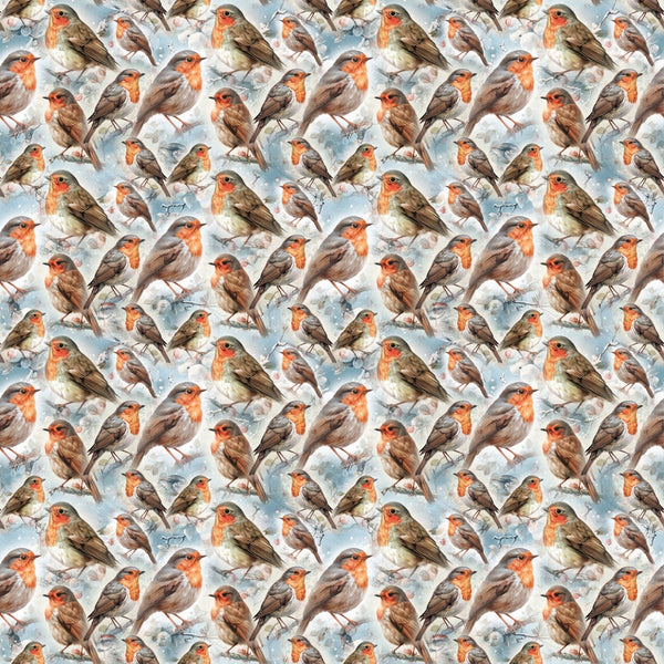Pattern of painted robins on a blue and white background, showing various birds posed differently, creating a repeating and seamless design.
