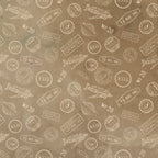 Vintage-style paper with airmail-themed stamps, including airplanes, postmarks, and postal numbers, on a brown background.