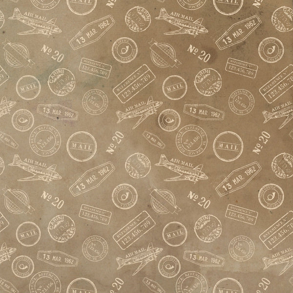 Vintage-style paper with airmail-themed stamps, including airplanes, postmarks, and postal numbers, on a brown background.