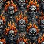 orange flames, gray skulls, black background, rock and roll, gothic pattern, fire motifs, metallic gray, bright orange, dark aesthetic, skull design, flame pattern, edgy style,, fabric panel, biker theme, heavy metal, repeating pattern, dramatic imagery, fiery skulls, alternative fashion