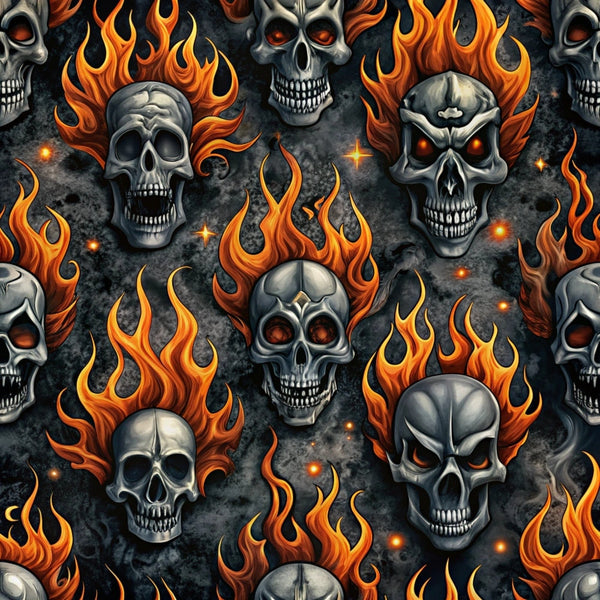 orange flames, gray skulls, black background, rock and roll, gothic pattern, fire motifs, metallic gray, bright orange, dark aesthetic, skull design, flame pattern, edgy style,, fabric panel, biker theme, heavy metal, repeating pattern, dramatic imagery, fiery skulls, alternative fashion