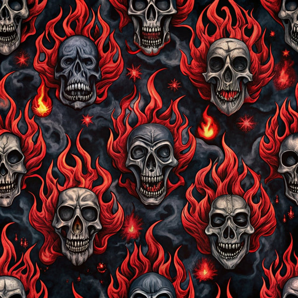 skulls, flames, red, orange, black, gray, gothic, rock and roll, fire motifs, dark aesthetic, repeating pattern,, fabric panel, edgy design, metallic tones, smoky background, dramatic imagery, alternative style, biker theme, rebellious motif