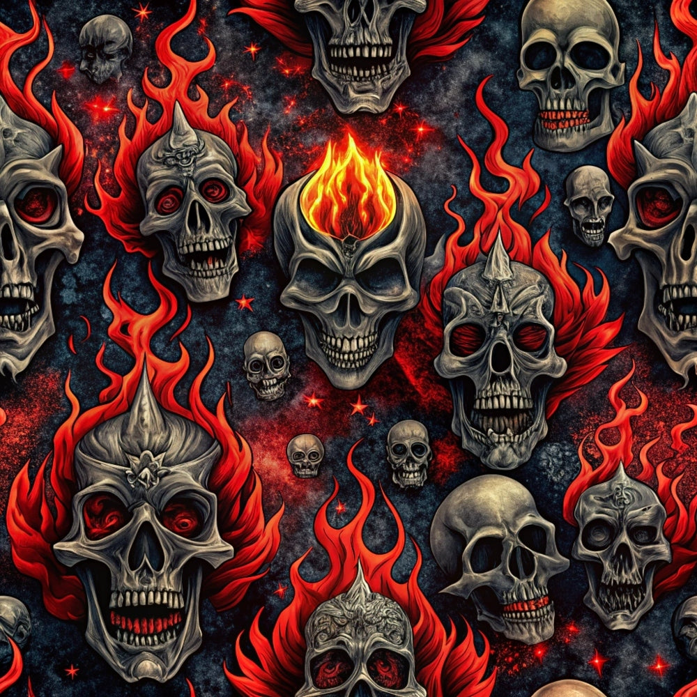 skulls, flames, red, orange, black, gray, gothic, dark fantasy, horror motifs, rock music theme, repeating pattern,, fabric panel, dramatic, edgy, fiery designs, bone imagery, alternative style, heavy metal aesthetic, seamless repeat