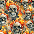 skulls, flames, fire, orange, red, yellow, gray, bone white, dark background, gothic pattern, rock and roll, edgy design, repeating motif, watercolor style, horror theme, punk aesthetic,, fabric panel, seamless pattern, dramatic imagery