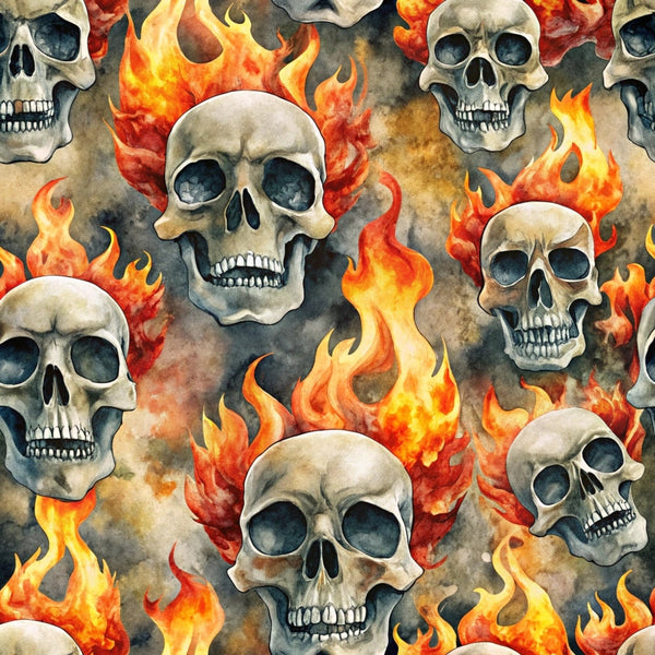 skulls, flames, fire, orange, red, yellow, gray, bone white, dark background, gothic pattern, rock and roll, edgy design, repeating motif, watercolor style, horror theme, punk aesthetic,, fabric panel, seamless pattern, dramatic imagery