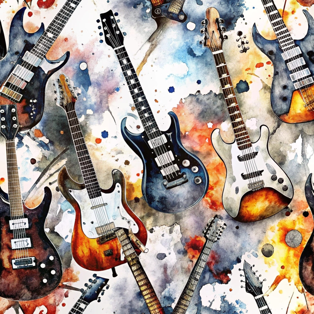 electric guitars, watercolor style, musical instruments, blue tones, orange hues, gray shades, white accents, rock music theme, abstract splashes,, fabric panel, artistic design, music lover, guitar necks, fretboards, contemporary art, splatter effects, musical pattern, vibrant colors, modern aesthetic