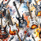 electric guitars, watercolor style, musical instruments, blue tones, orange hues, gray shades, white accents, rock music theme, abstract splashes,, fabric panel, artistic design, music lover, guitar necks, fretboards, contemporary art, splatter effects, musical pattern, vibrant colors, modern aesthetic