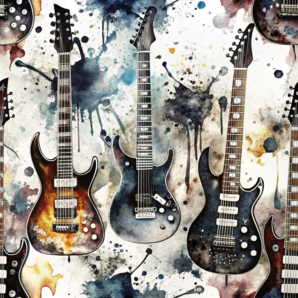 electric guitars, watercolor style, music instruments, rock and roll, navy blue, burnt orange, cream white, gray tones, splatter effects,, fabric panel, musical theme, artistic design, contemporary art, blues colors, guitar silhouettes, abstract background, modern pattern, instrument collage, watercolor wash