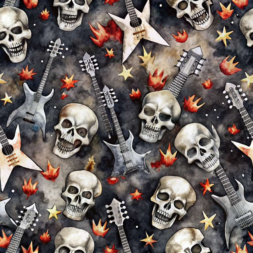 skulls, electric guitars, rock music, flames, stars, dark gray, black, red orange, yellow gold, cream white, watercolor style, heavy metal, music themed, gothic, edgy pattern,, fabric panel, musical instruments, fire elements, moody atmosphere