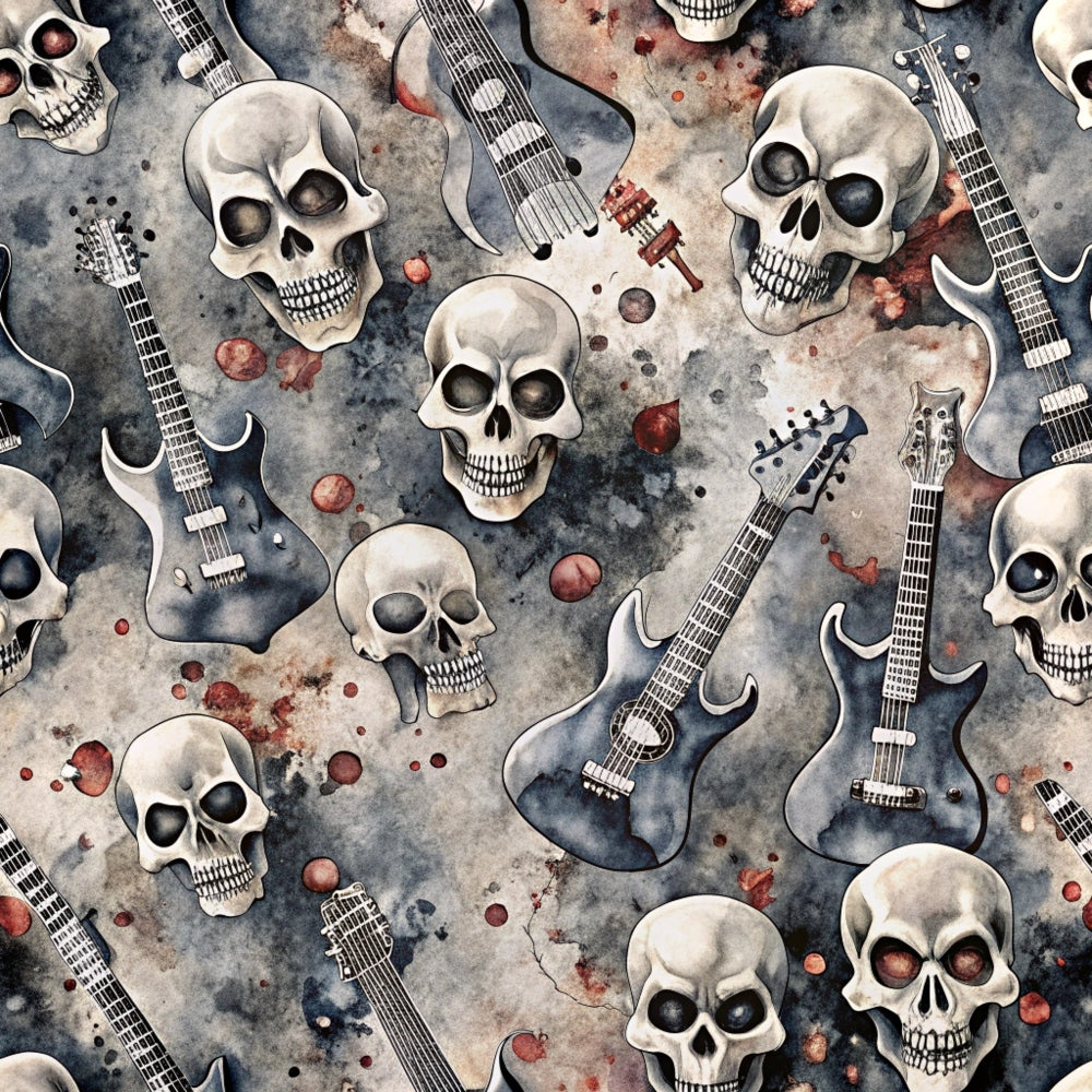 skulls, electric guitars, rock music, grunge style, gray background, cream colored, dark sockets, musical instruments, edgy pattern, gothic aesthetic, watercolor effect, distressed texture, repeating motif,, fabric panel, alternative style, music themed, skull pattern, guitar design, moody atmosphere