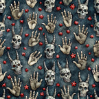 dark blue, teal background, skulls, skeleton hands, devil horns, red flowers, rock and roll, gothic, edgy, watercolor style,, fabric panel, halloween, spooky, alternative, music theme, hand gestures, bone white, crimson red, repeating pattern