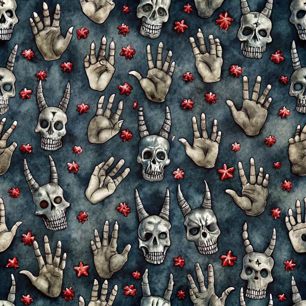 dark blue, teal background, skulls, skeleton hands, devil horns, red flowers, rock and roll, gothic, edgy, watercolor style,, fabric panel, halloween, spooky, alternative, music theme, hand gestures, bone white, crimson red, repeating pattern