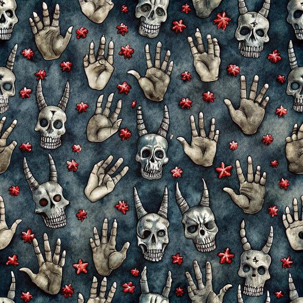 dark blue, teal background, skulls, skeleton hands, devil horns, red flowers, rock and roll, gothic, edgy, watercolor style,, fabric panel, halloween, spooky, alternative, music theme, hand gestures, bone white, crimson red, repeating pattern
