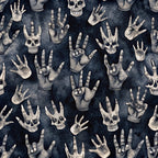 dark navy blue, charcoal gray, bone white, skeletal hands, human skulls, rock and roll, music theme, gothic pattern, macabre design, halloween motif, spooky aesthetic, hand gestures, rock horns sign, seamless repeat,, fabric panel, edgy style, alternative fashion, punk rock, death imagery