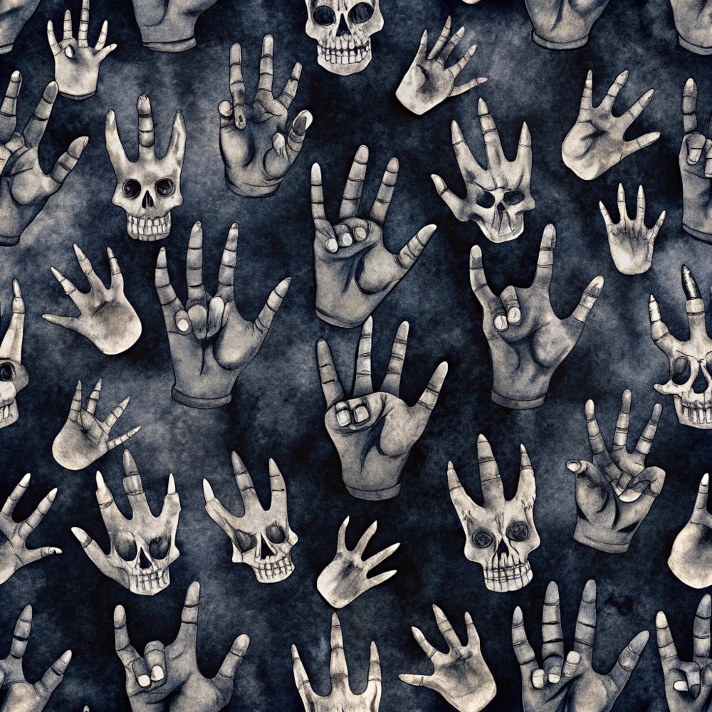 dark navy blue, charcoal gray, bone white, skeletal hands, human skulls, rock and roll, music theme, gothic pattern, macabre design, halloween motif, spooky aesthetic, hand gestures, rock horns sign, seamless repeat,, fabric panel, edgy style, alternative fashion, punk rock, death imagery