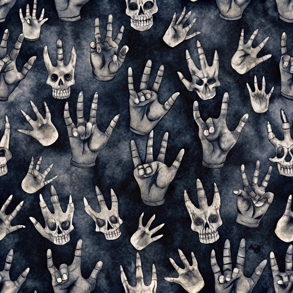 dark navy blue, charcoal gray, bone white, skeletal hands, human skulls, rock and roll, music theme, gothic pattern, macabre design, halloween motif, spooky aesthetic, hand gestures, rock horns sign, seamless repeat,, fabric panel, edgy style, alternative fashion, punk rock, death imagery