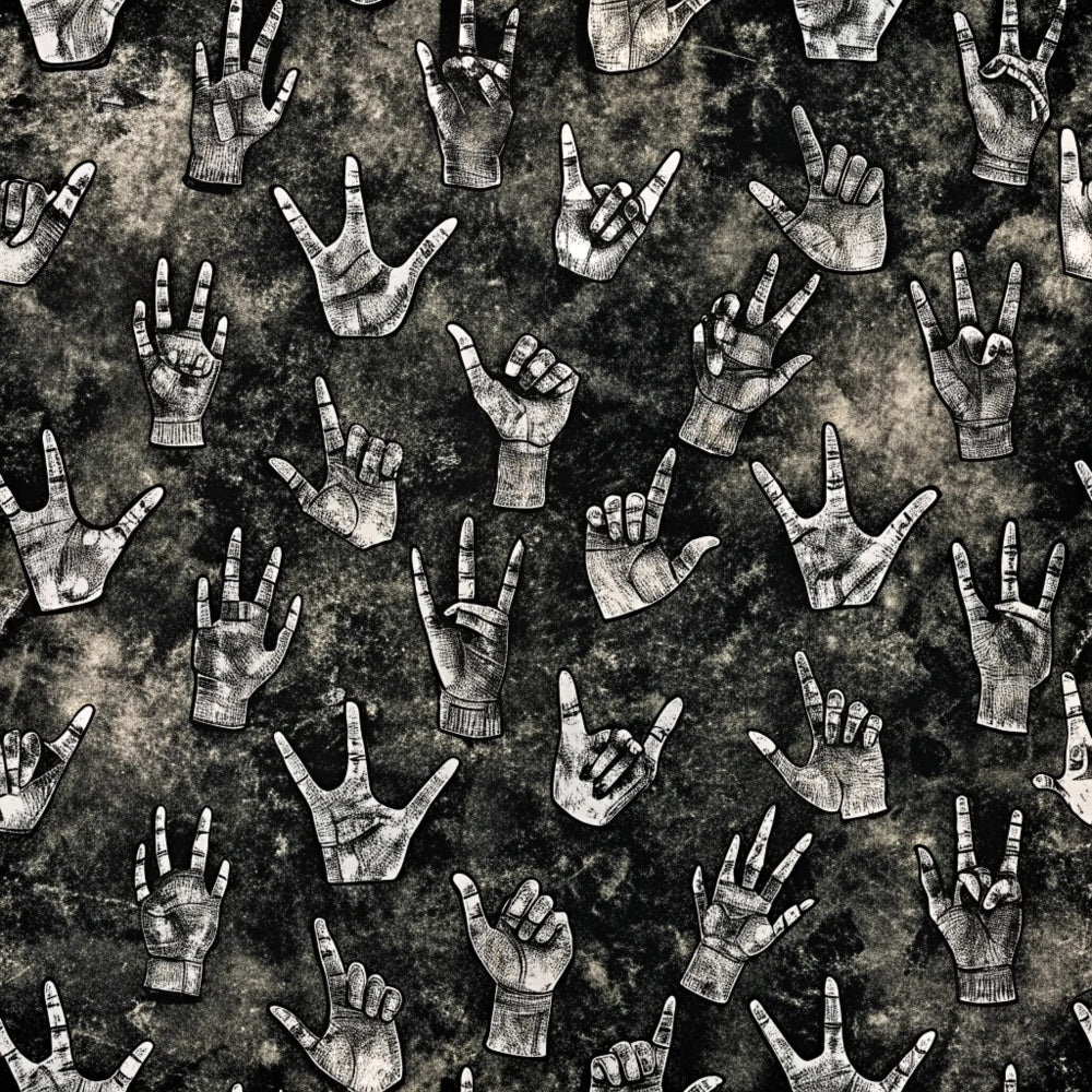 black, white, gray, grunge texture, hand gestures, rock hands, peace signs, pointing fingers, fists, vintage style, distressed background, music theme, rebellious mood,, fabric panel, monochrome, sketched hands, alternative style, edgy pattern