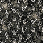 black, white, gray, grunge texture, hand gestures, rock hands, peace signs, pointing fingers, fists, vintage style, distressed background, music theme, rebellious mood,, fabric panel, monochrome, sketched hands, alternative style, edgy pattern