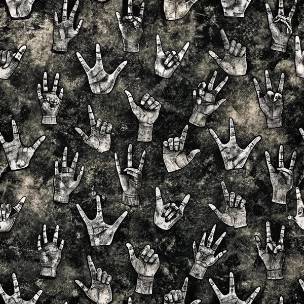 black, white, gray, grunge texture, hand gestures, rock hands, peace signs, pointing fingers, fists, vintage style, distressed background, music theme, rebellious mood,, fabric panel, monochrome, sketched hands, alternative style, edgy pattern