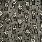 gray, charcoal, cream, black, white, rock hand gestures, horn hands, devil horns, rock and roll hands, mystical symbols, stars, diamonds, geometric shapes, tattoo style, vintage illustration, etched artwork, music theme,, fabric panel, gothic aesthetic, occult motifs, hand gestures, celestial elements