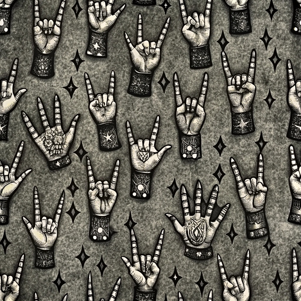 gray, charcoal, cream, black, white, rock hand gestures, horn hands, devil horns, rock and roll hands, mystical symbols, stars, diamonds, geometric shapes, tattoo style, vintage illustration, etched artwork, music theme,, fabric panel, gothic aesthetic, occult motifs, hand gestures, celestial elements