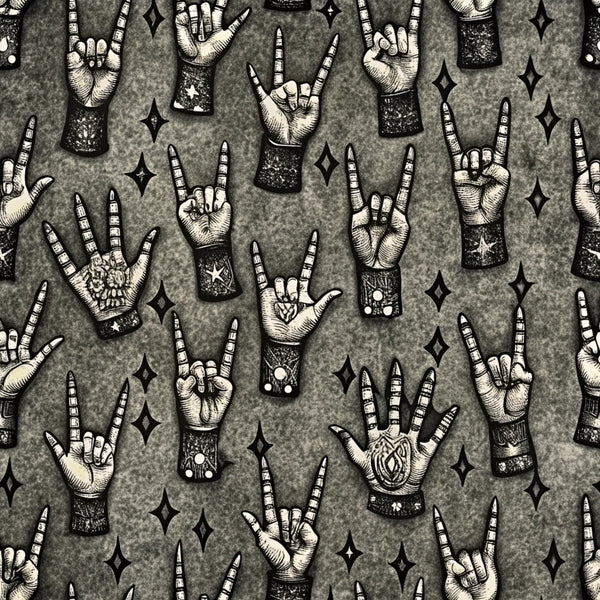 gray, charcoal, cream, black, white, rock hand gestures, horn hands, devil horns, rock and roll hands, mystical symbols, stars, diamonds, geometric shapes, tattoo style, vintage illustration, etched artwork, music theme,, fabric panel, gothic aesthetic, occult motifs, hand gestures, celestial elements